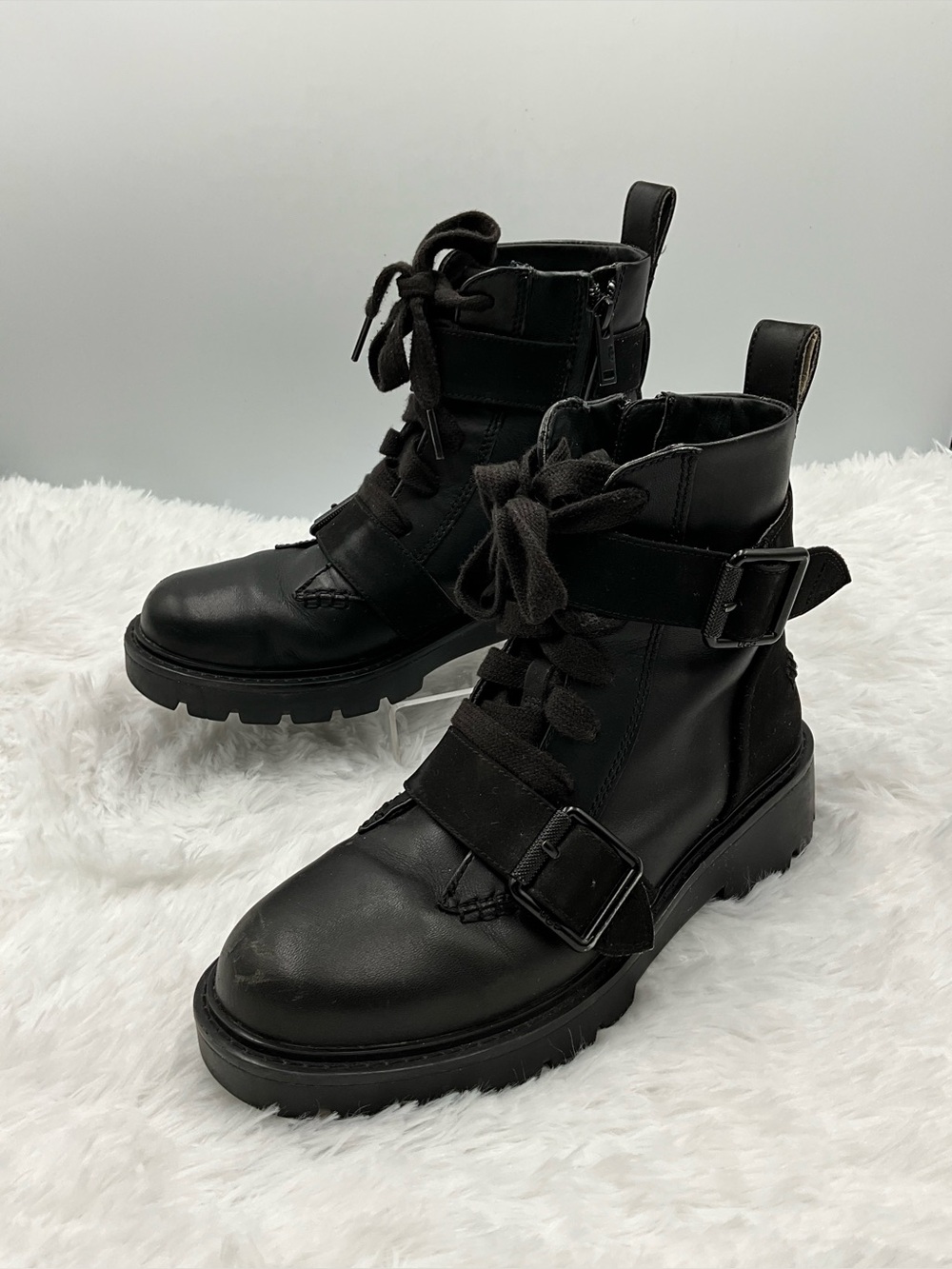UGG Boots Size 6.5 Black Moto Combat Style Lace & Zip Up Front Strap